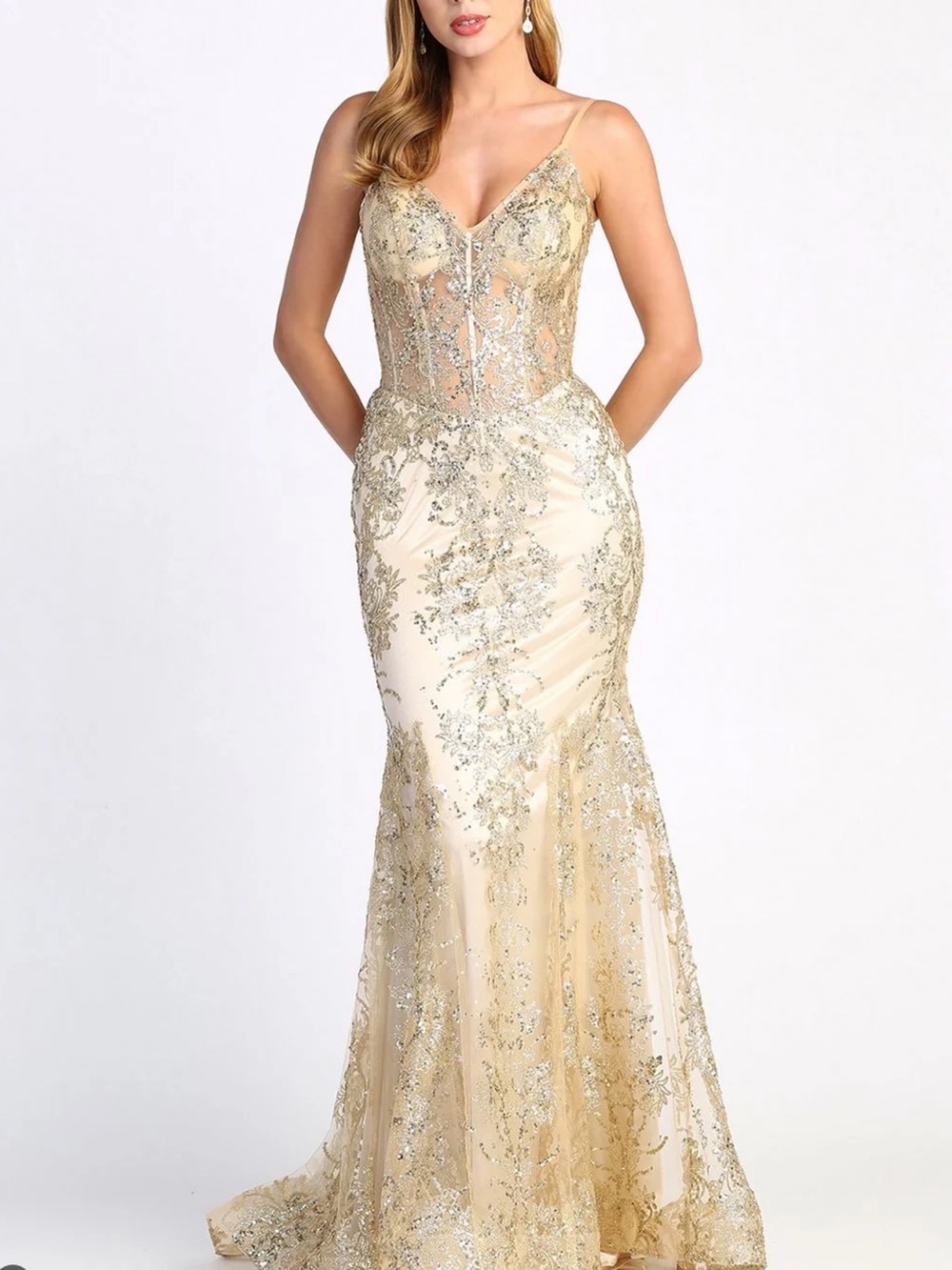 Dylan and David’s Fitted Corset Gold Prom Dress